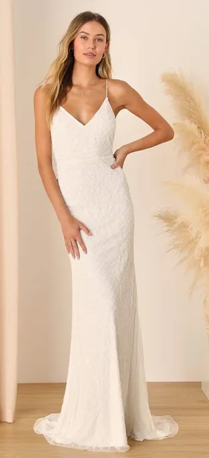 Lulus Cherished Vow White Beaded Backless Mermaid Dress Elegant Train Medium thumbnail 1