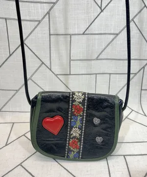 Boho Picard Embroidered‎ Crossbody Bag Black Green Floral Heart Festival Purse thumbnail 1