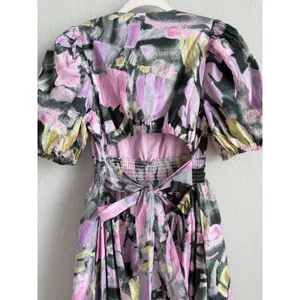 PINCH Watercolor Abstract Floral Midi Dress Smocked Puff Sleeve V-Neck Pink Sz M thumbnail 9