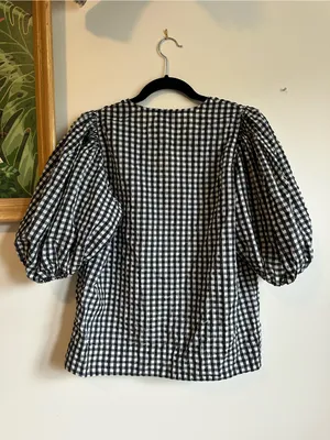 Ganni Seersucker Check Plaid Balloon Sleeve Blouse Womens 36 4 Black White thumbnail 9
