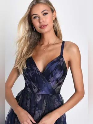 Lulu's Elaborate Elegance Navy Floral Print Tulle Pleated Midi Dress thumbnail 4