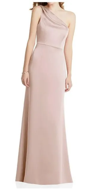 NWT LOVELY Shirred One-Shoulder Satin Trumpet Dress‎ sz 10 Cameo thumbnail 1