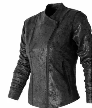New Balance -911‎ Metallic Black Asymmetrical Zip Moto Athleisure Jacket Size M thumbnail 1