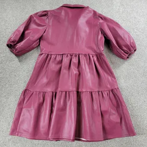 Karlie Womens Faux Leather Dress S Red Puff Sleeve Tiered Button Front Collared thumbnail 2