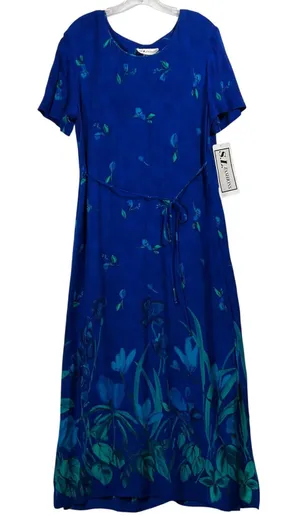 SL Fashions Vintage‎ Blue Floral Rayon Maxi Dress Short Sleeve Tie Waist Size 12 thumbnail 1