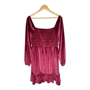 LC Lauren Conrad Velvet Mini‎ Dress Large Wine Red Smocked Ruffle Long Sleeve thumbnail 5