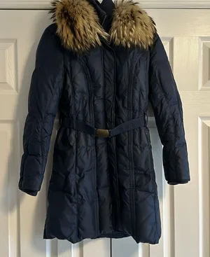 Andrew Marc Women’s Navy Blue Long Puffer Coat Hood Raccoon Fur Belted Waist XS thumbnail 1