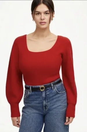 Madewell SoftWool Cashmere Blend Square Neck Ribbed Sweater Red Size Small thumbnail 1