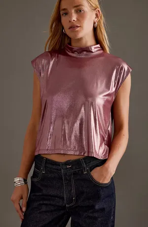 By Anthropologie • Cowl-Neck Liquid Shine Top Pinkish Red thumbnail 1