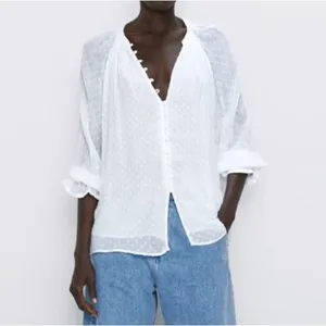 Zara Women Blouse Medium White Polyester Swiss Dot V-Neck Ruffle Cuff Romantic thumbnail 3