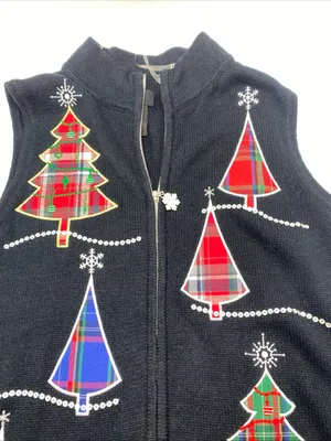Christmas Tree Sweater Vest Black Embroidered Holiday Women’s Small RQT Festive thumbnail 5