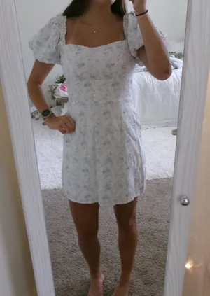 Francesca’s Blue Floral Puff Sleeve Mini Dress thumbnail 1