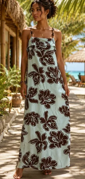 Anthropologie Paper Heart Blue Brown Linen Blend Floral Maxi Dress Size XS thumbnail 1