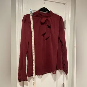 NWT Aconiya Size M Burgundy Swiss Dot Chiffon Lined High Neck Bow Lined Top thumbnail 7