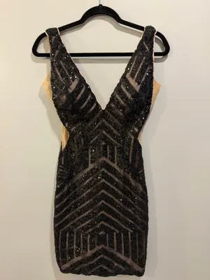 Jovani Sleeveless Sequin Detail Mesh Side Detail Fitted Mini Cocktail Homecoming Dress Black thumbnail 5