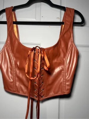 Faux Leather Rust Brown Lace-Up Crop Top corset thumbnail 2