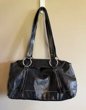 Kate Landry Black Leather Shoulder Bag Hobo Purse Silver‎ Ring Accents thumbnail 1