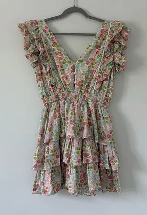 Anthropologie Love the Label Ines Floral Ruffle Sleeve Tiered Mini Boho Cottagecore Dress M thumbnail 1