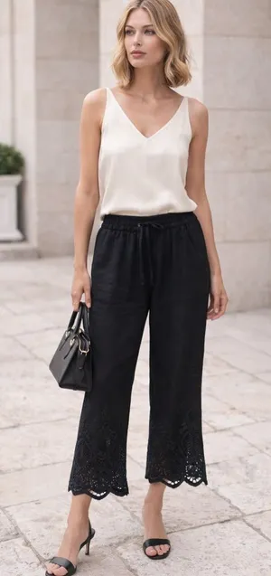 John Mark NWOT 100% Linen Black Wide Leg Lace Pants Cropped Size Large Pull On thumbnail 1