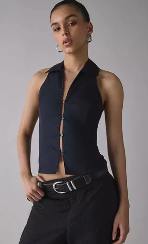 Urban‎ Outfitters Black Halter Button Up Collared Sleeveless Top Slim Fit thumbnail 1