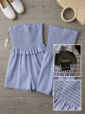 Lumiere Blue & White Striped Smocked Strapless Romper thumbnail 2