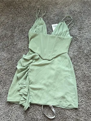 Mistress Rocks Corset Bodice Sage Green Mini Dress with Side Ruffle thumbnail 2