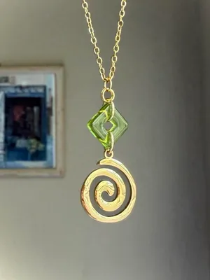 Handmade gold tone stainless steel spiral swirl uzumaki & Czech glass necklace🌀 thumbnail 2