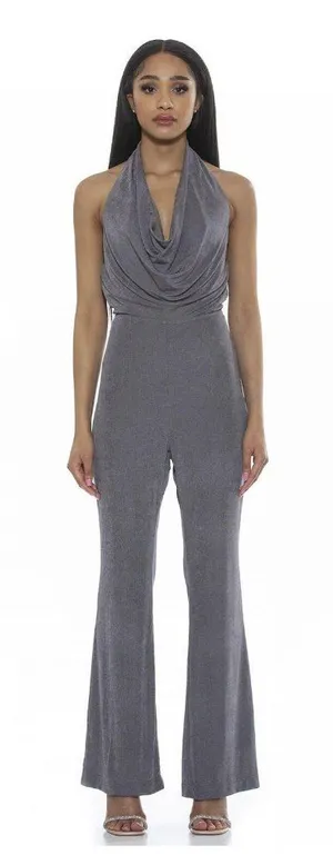 NWT Alexia Admor Leilani Draped Halter Neck Flared Jumpsuit Silver Gray XS thumbnail 1