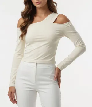 Abercrombie & Fitch Cream One Shoulder Long Sleeve Top Large thumbnail 1