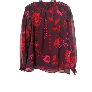 Ann Taylor Plum Red Floral Smocked Mock Neck Blouse Sheer Long‎ Sleeve NWT S thumbnail 3