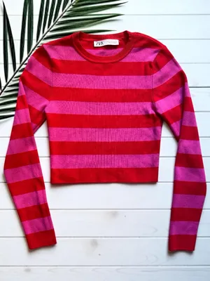 Zara Knit Cropped Sweater Pink Red Stripe Long Sleeve Top Medium thumbnail 1