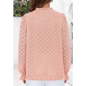 PRETTYGARDEN Women's Lace Long Sleeve Button Down Blouse (Pink, S) thumbnail 4