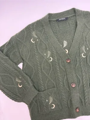 Disturbia Dianne Embroidered Cable Knit Cardigan Moon Star Fern Olive Green Knit thumbnail 8