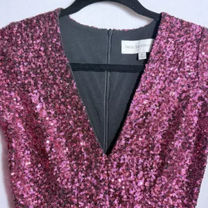 Dress the Population Pink Sequin Deep V-Neck Long Sleeve Sheath Mini Dress Sz S thumbnail 4