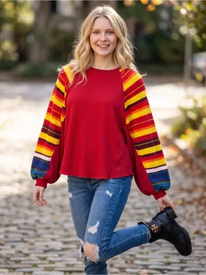 Free People We The Free Rainbow Dreams Pullover XS Red Combo Balloon Sleeve thumbnail 2