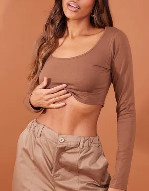 Brown long sleeve crop top thumbnail 1