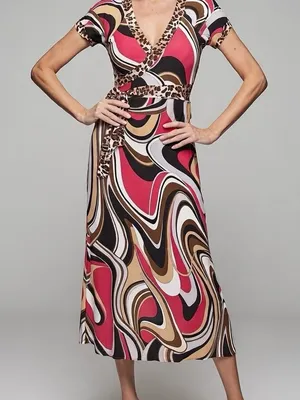Vintage Psychedelic Vibrant Swirl Wrap Midi Dress Leopard Print Bold Colors thumbnail 1