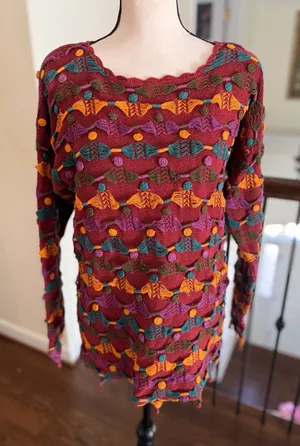 Vintage Burgundy Orange Teal Purple Embroidered Polka Dot Dangle Sweater thumbnail 1