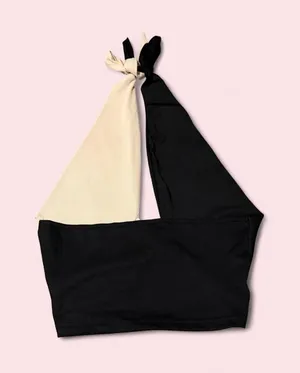 SHEIN Black and Cream Tie-Halter Crop Top thumbnail 1