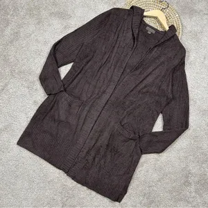 Barefoot Dreams CozyChic Lite Relaxed Hooded Cardigan Open Front Pockets Brown L thumbnail 1