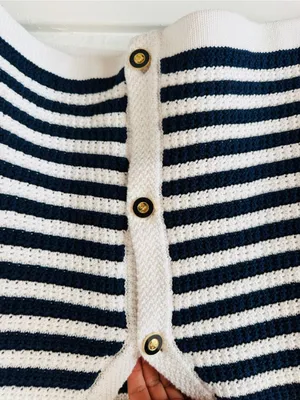 J. Crew Navy and White Striped V-Neck Button Cardigan thumbnail 6