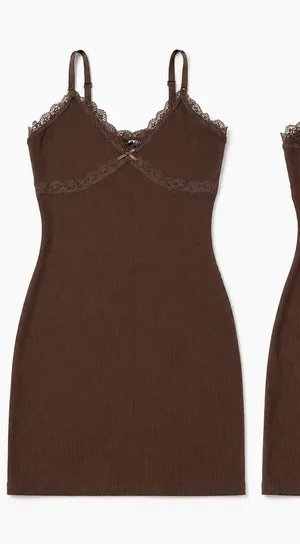 H&M Brown Lace Trim Ribbed Mini Dress thumbnail 1