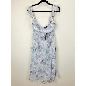 Lulus Delightful Direction Blue Floral Ruffled Tie-Strap Midi Dress Small NWT thumbnail 6