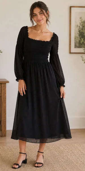 Aritzia Wilfred black stretchy smocked midi dress grunge dark fairy Small thumbnail 1