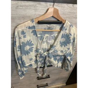 American Eagle Blue Floral Tie Front Crop Top Ruffle Blouse Small NWT 035-2351 thumbnail 4