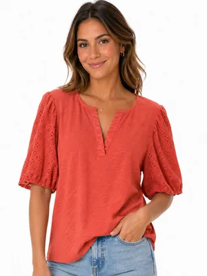 Dolan Anthropologie Coral Eyelet Puff Sleeve Blouse size XL thumbnail 1