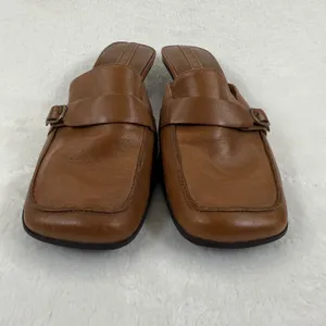 Enzo Angiolini Brown Leather Mules Heels Buckle Detail Square Toe Size‎ 8.5M thumbnail 3