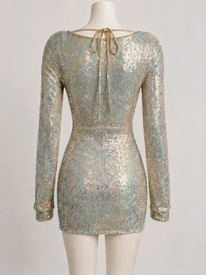 Emerald Sundae Pale Green Sequin Long-Sleeve Mini Dress thumbnail 2