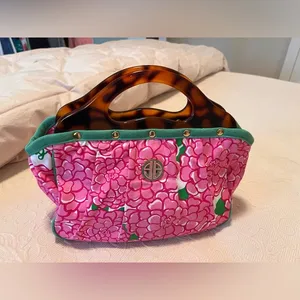 Lilly Pulitzer Pink and Green Floral Tote with Tortoiseshell Handle thumbnail 1