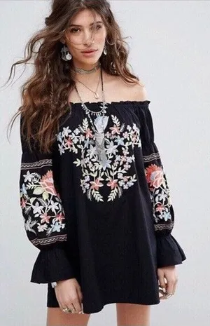 Free People Fleur Du Jour Mini Black Long Sleeve Embroidered Boho Dress Sz XS thumbnail 1